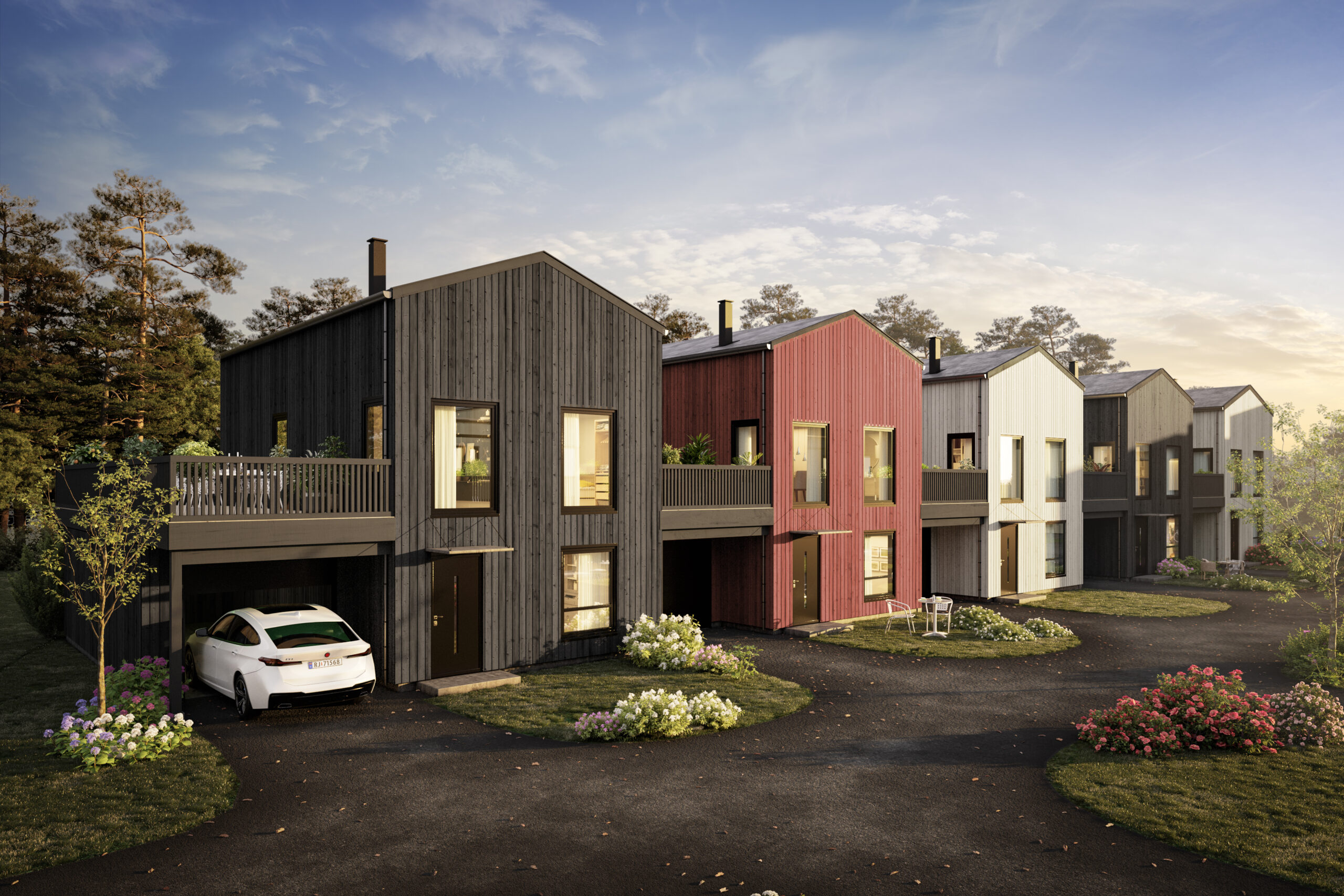 en gjengivelse av en husrekke med en bil parkert foran dem.