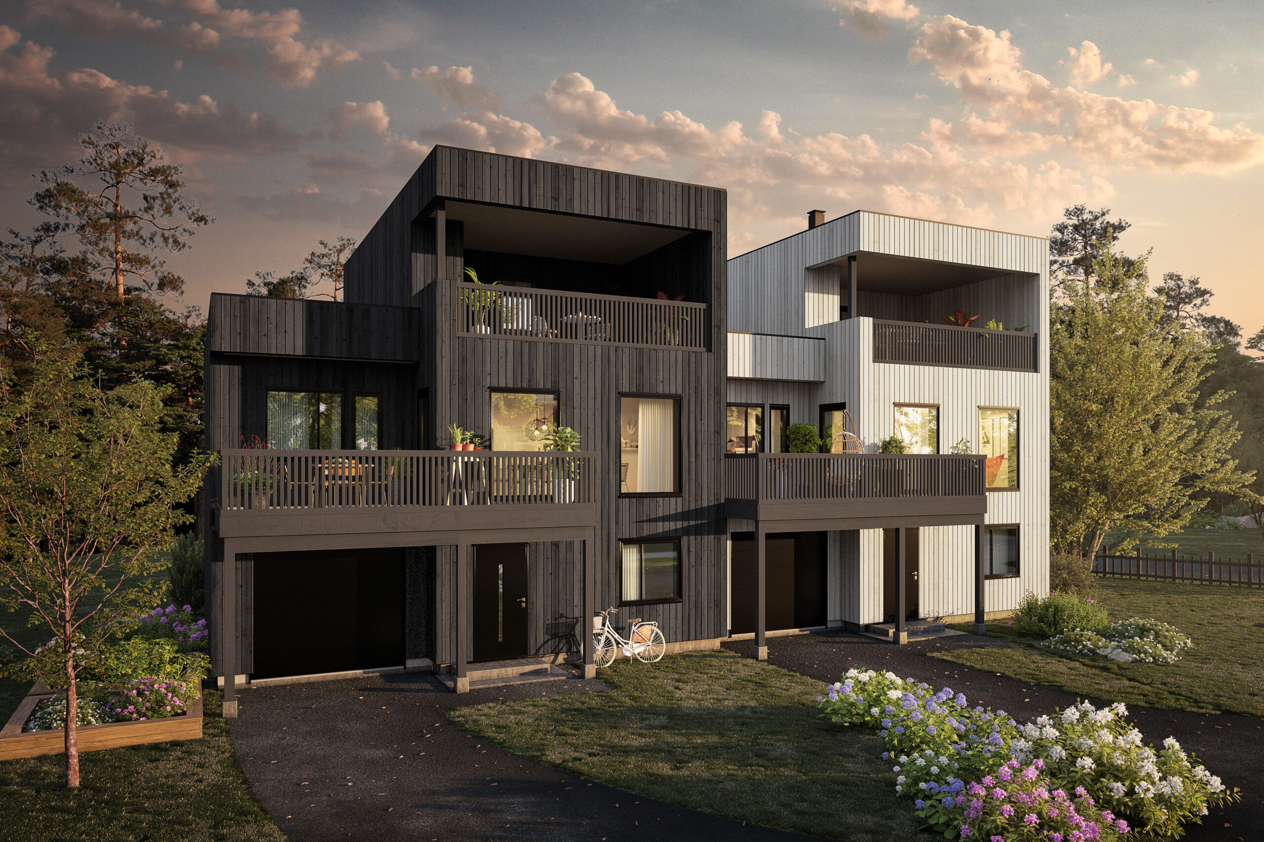 en 3d-gjengivelse av et moderne hus i skumringen.
