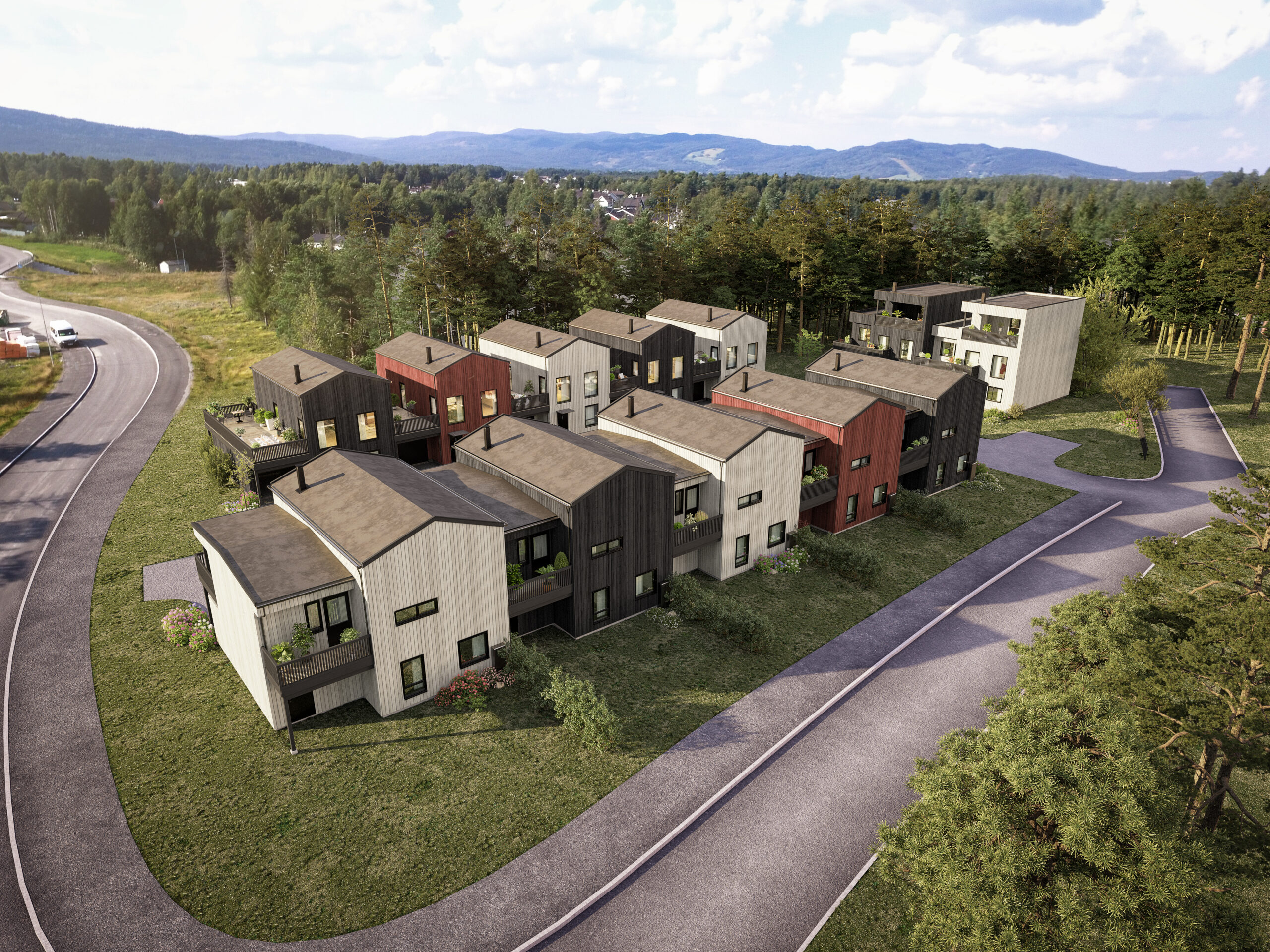 en kunstners gjengivelse av et boligområde.