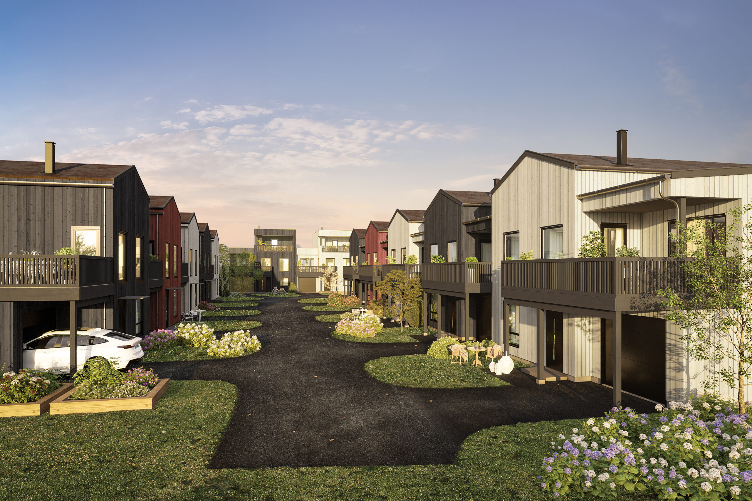 en kunstners gjengivelse av en rekke med hus.