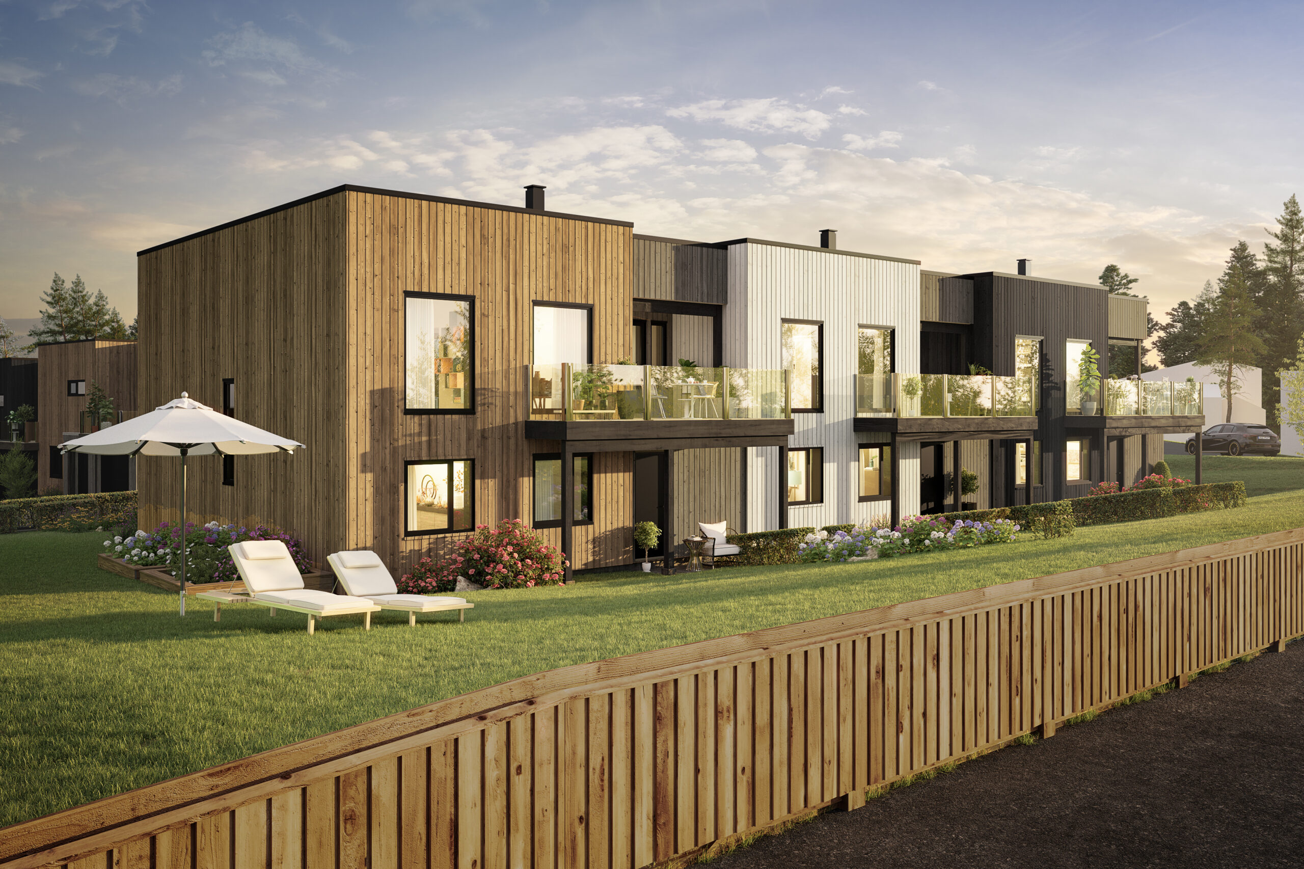en gjengivelse av en moderne bygård.