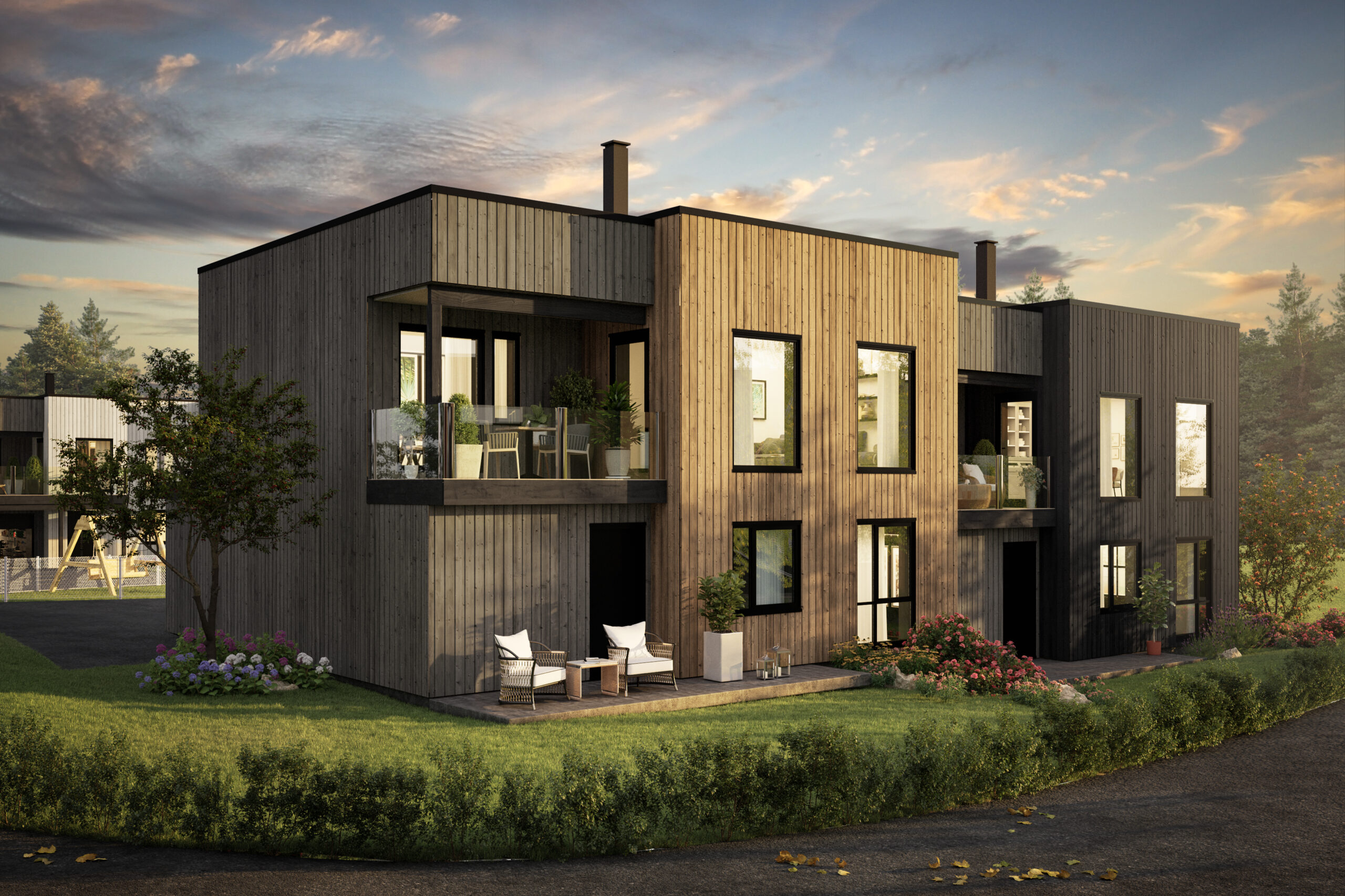 en 3d-gjengivelse av et moderne hus.