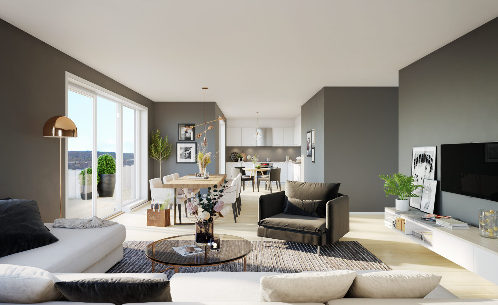 en moderne stue med grå vegger og hvite møbler.