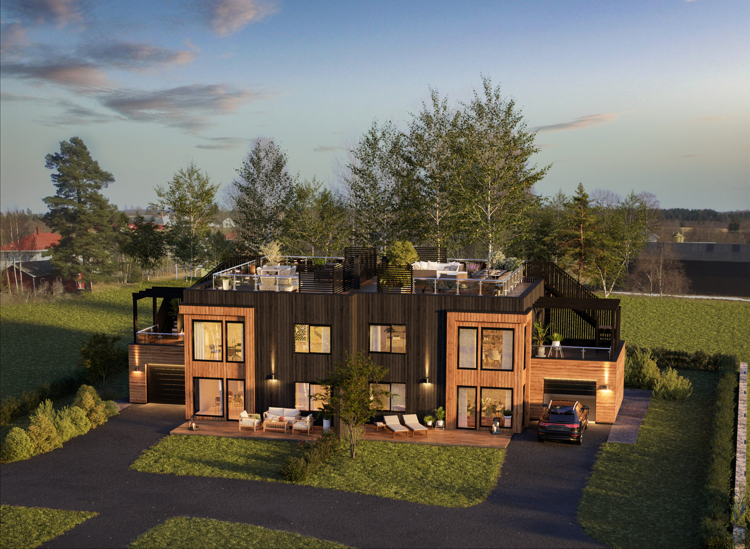 en 3d-gjengivelse av et moderne hus.