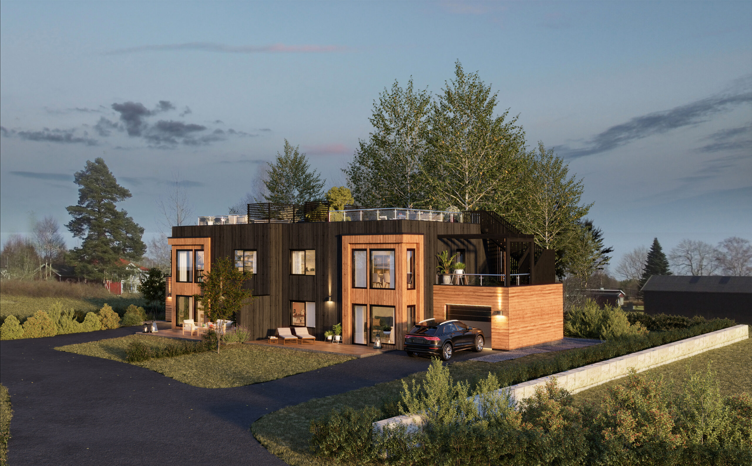 en 3d-gjengivelse av et moderne hjem.