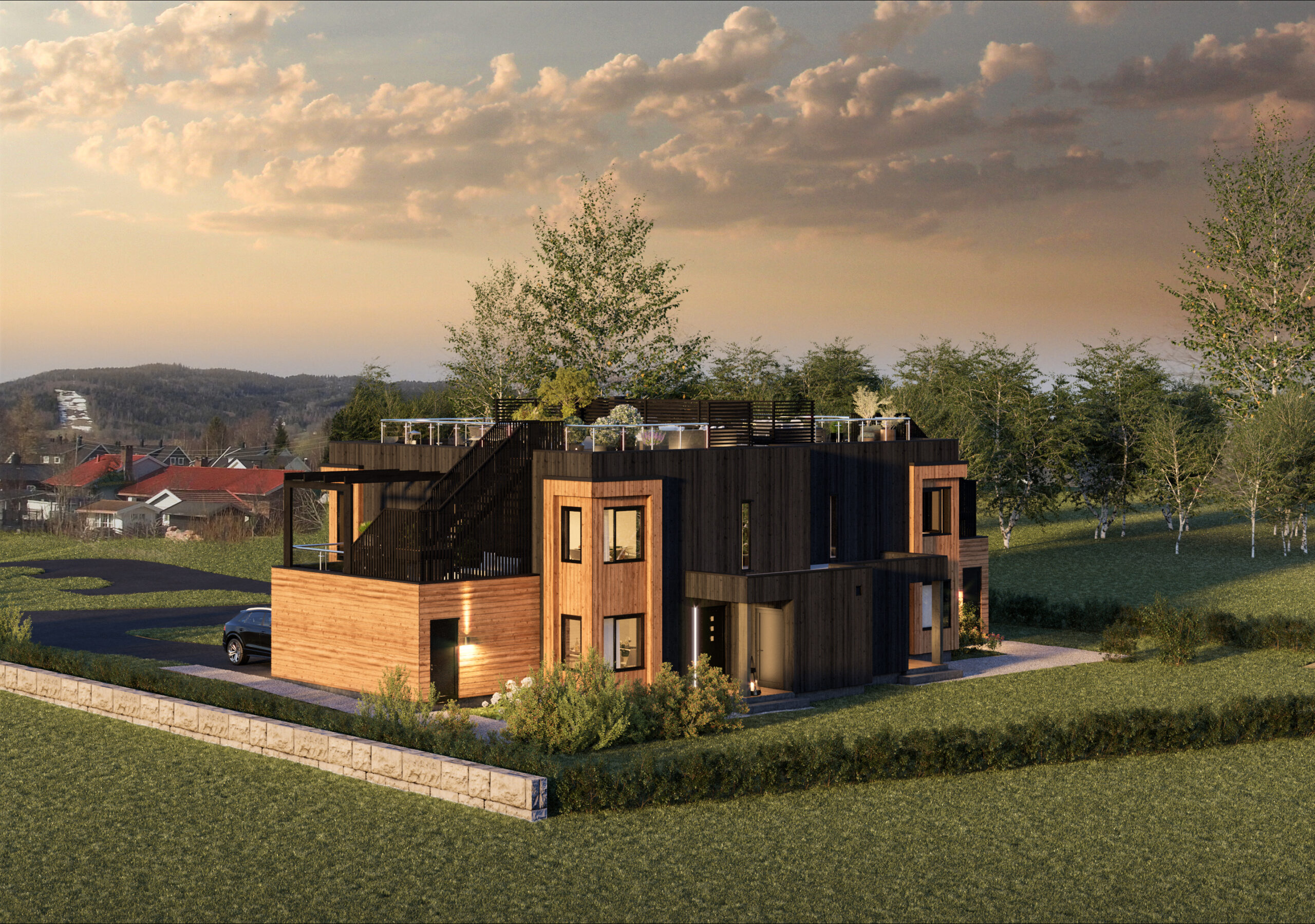 en 3d-gjengivelse av et moderne hus i en åsside.