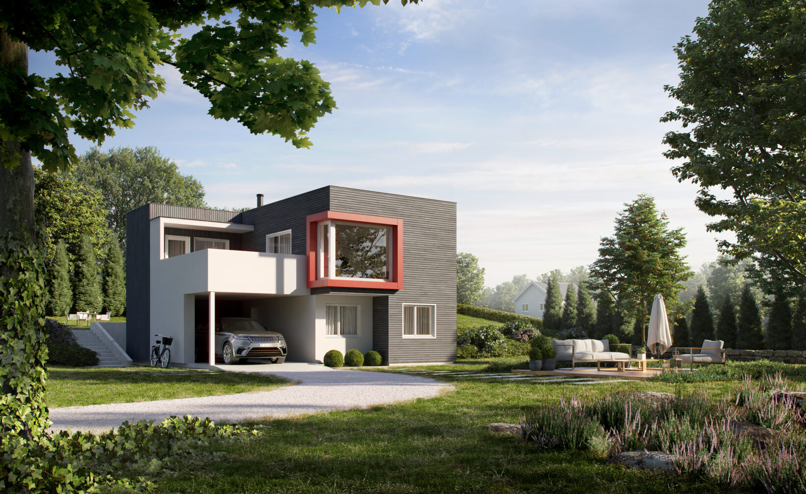 3D-gjengivelse av et moderne hus i skogen.