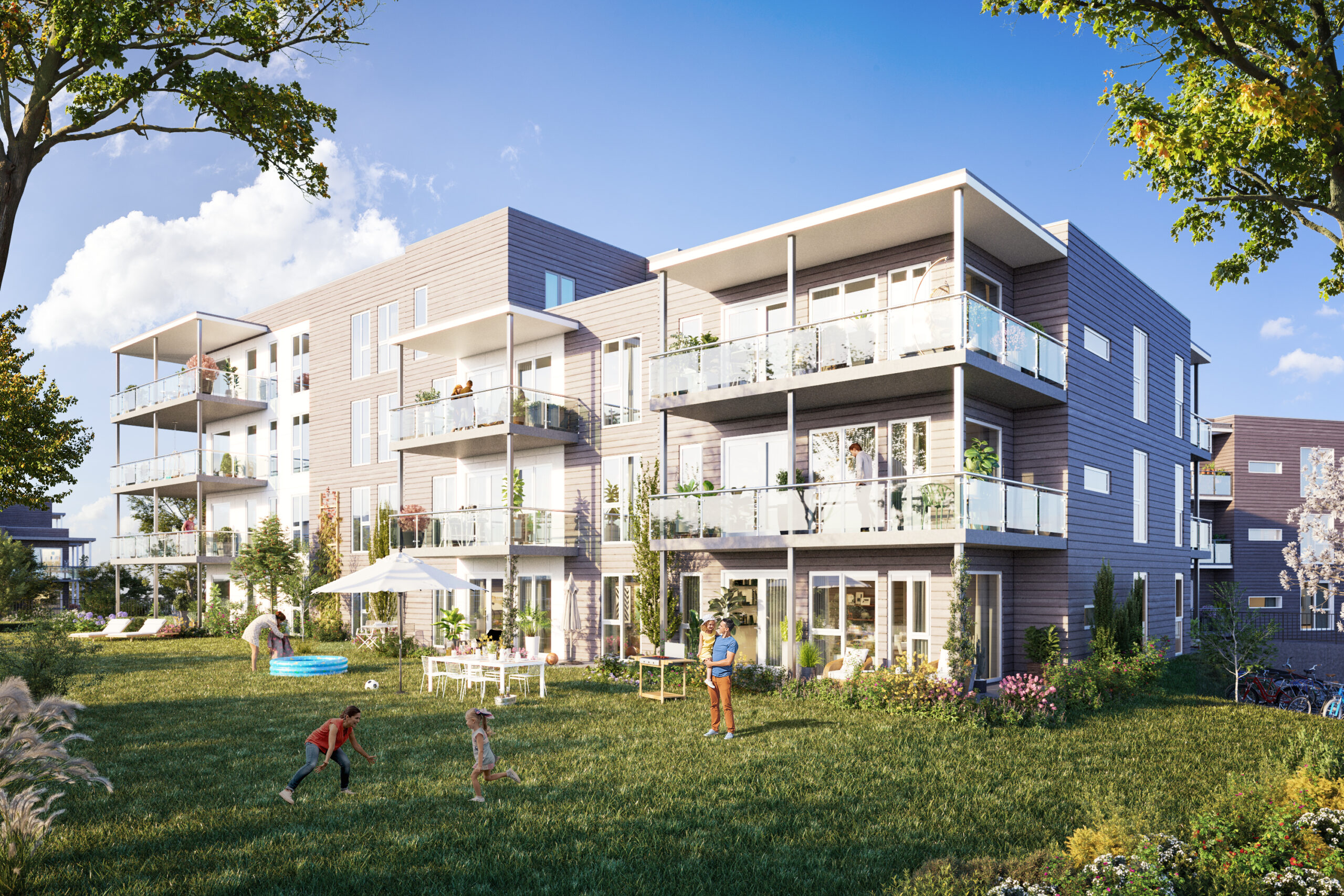 en kunstners gjengivelse av et leilighetskompleks.