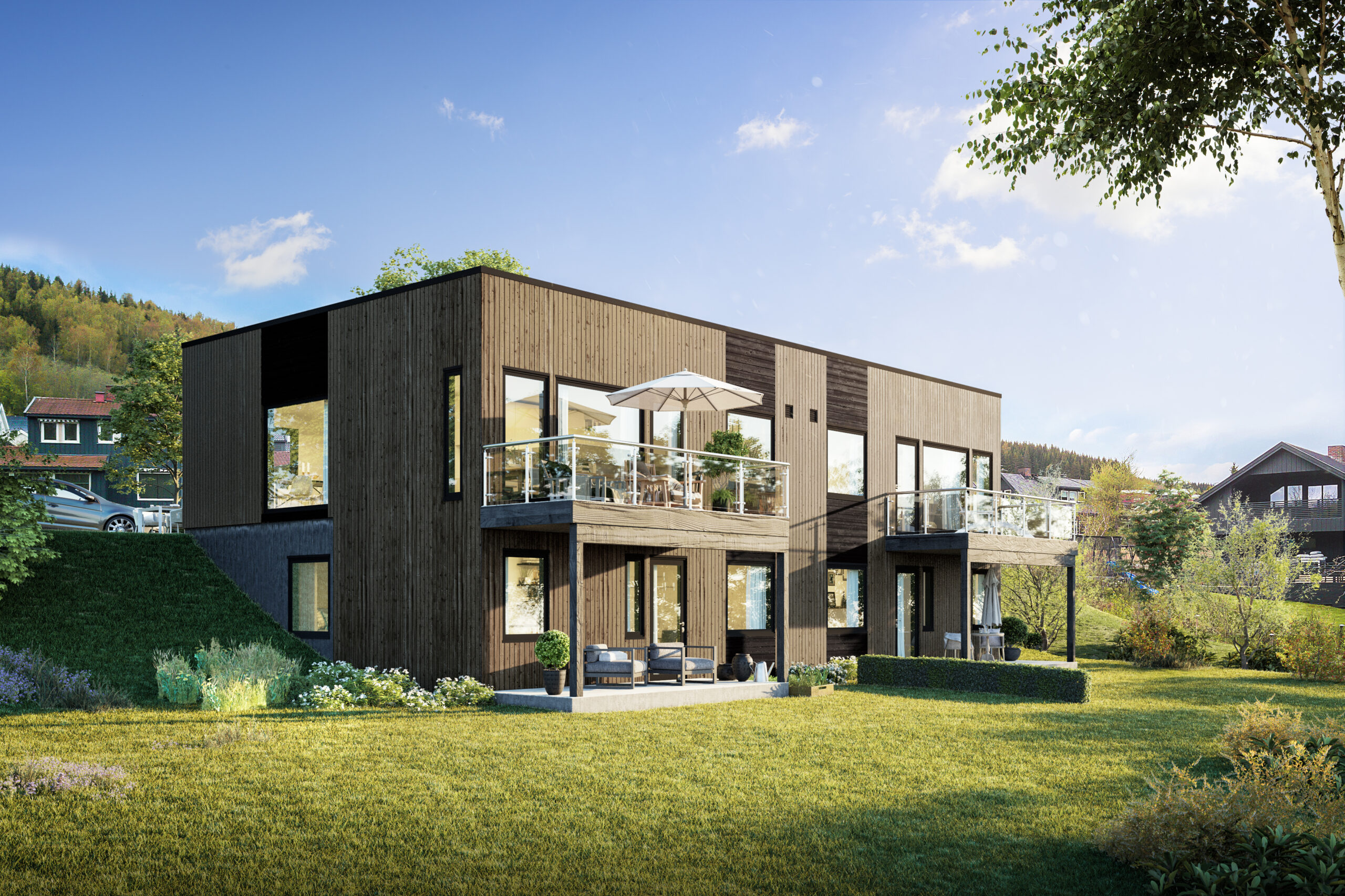 en gjengivelse av et moderne hus i en åsside.