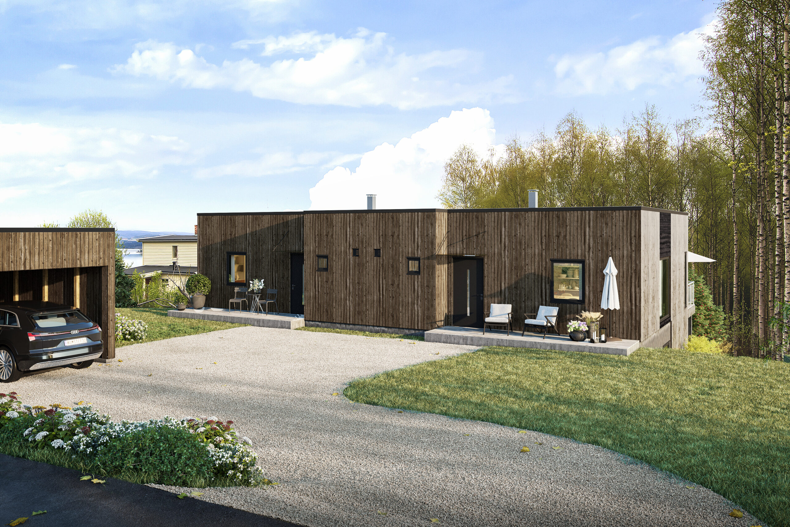 en bil står parkert foran et hus.