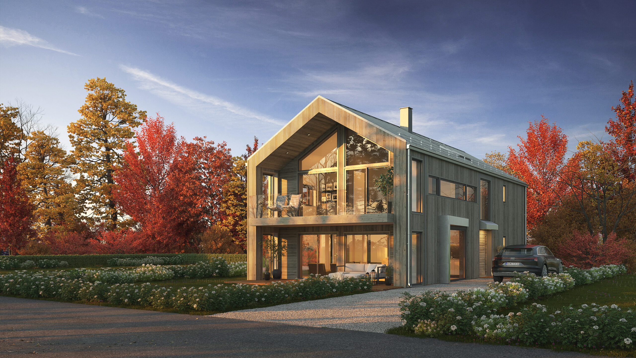 en 3d-gjengivelse av et hus om høsten.