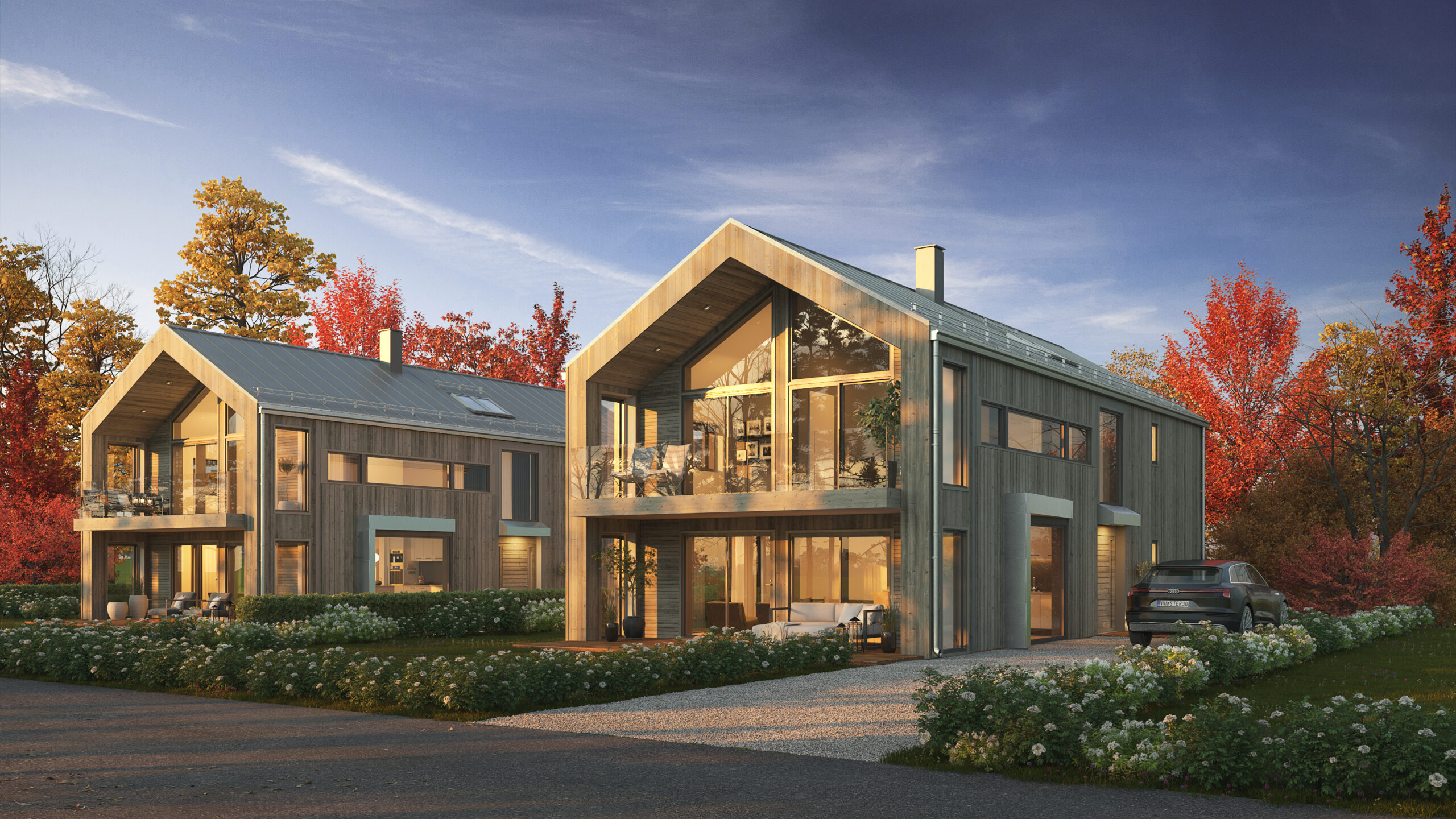 en gjengivelse av et to etasjers hus om høsten.