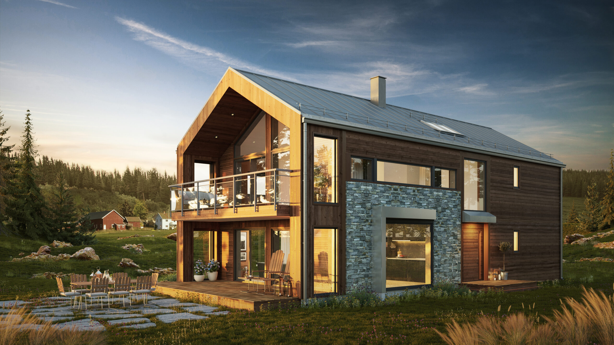en 3d-gjengivelse av et hus på landsbygda.
