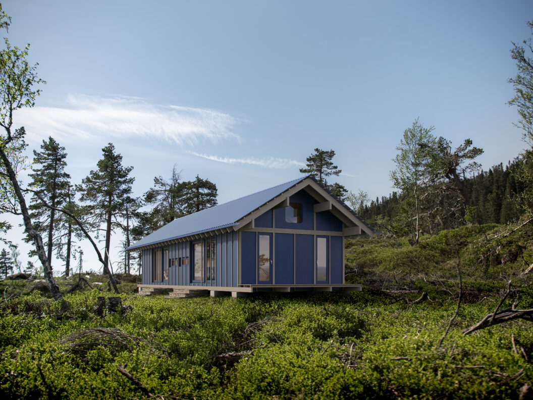 en blå hytte ligger midt i en skog.