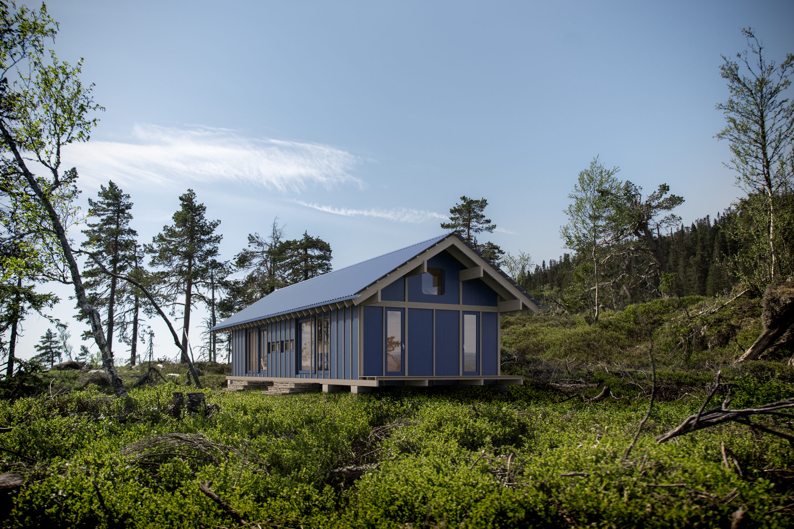 en blå hytte ligger midt i en skog.