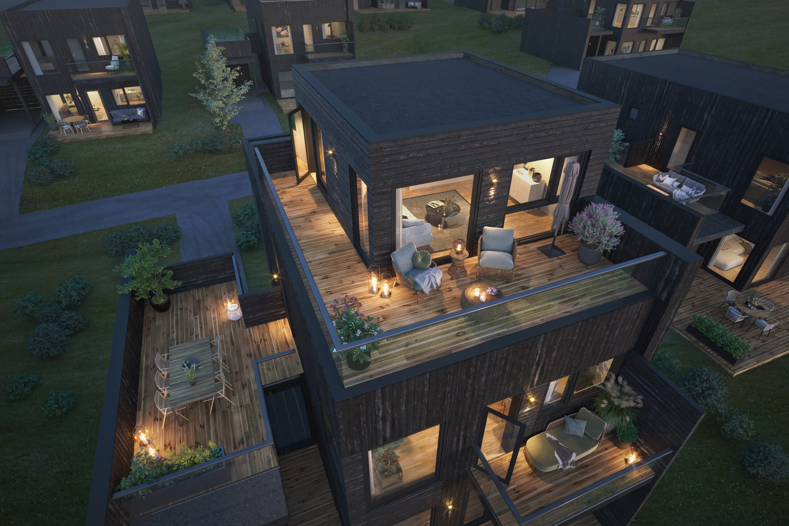 en 3d-gjengivelse av et moderne hus om natten.