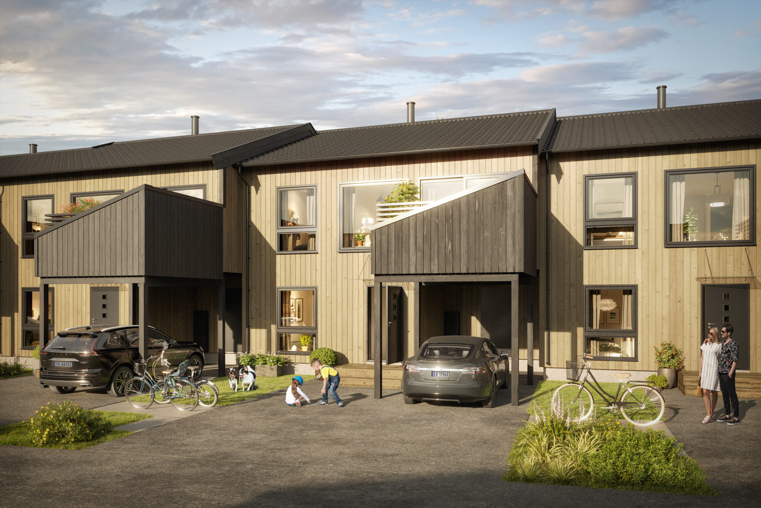 en gjengivelse av et rekkehus med en sykkel parkert foran.