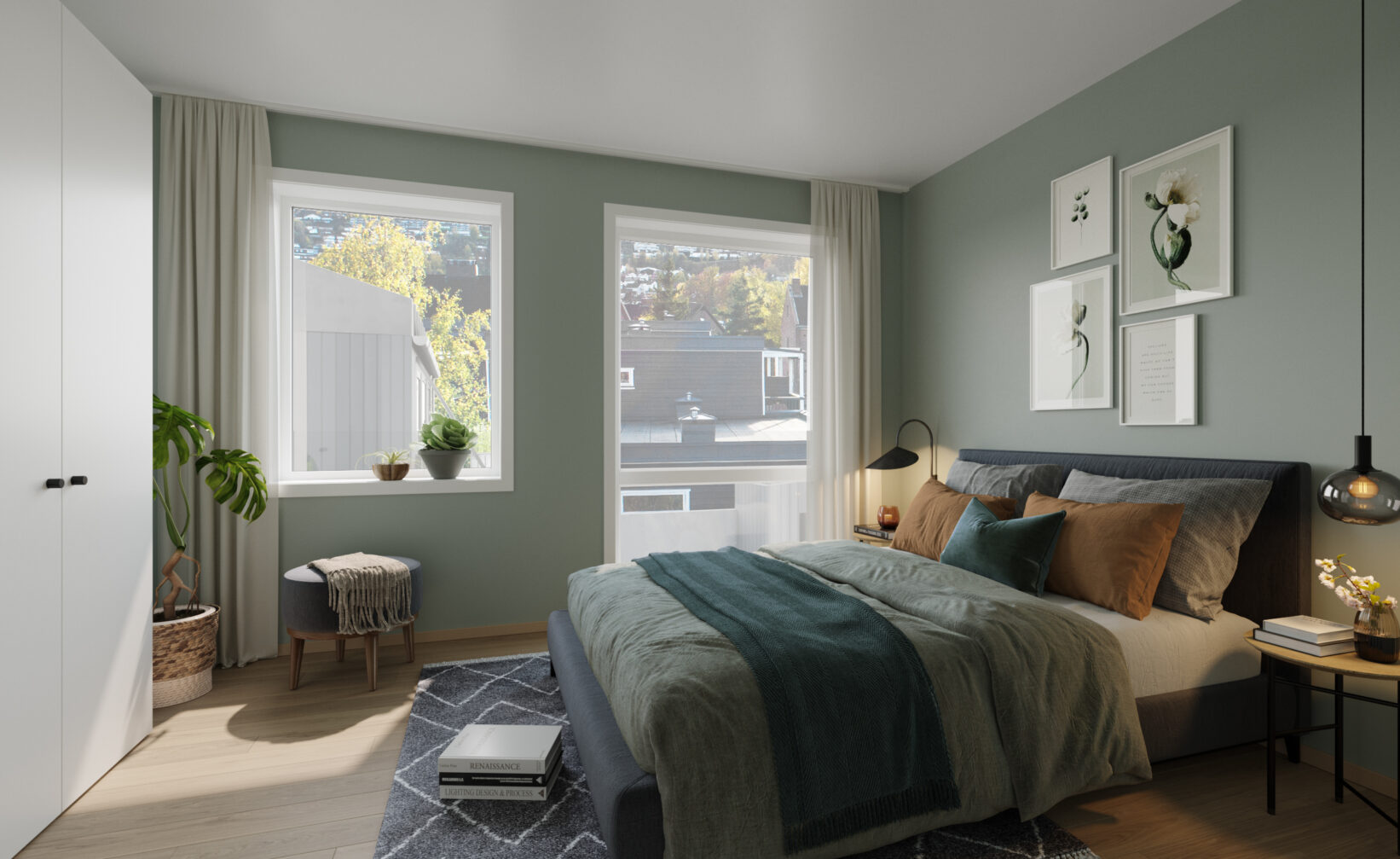 3D-gjengivelse av et soverom med grønne vegger og en seng.