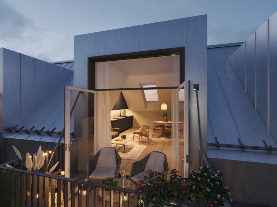 en gjengivelse av en moderne leilighet med balkong.