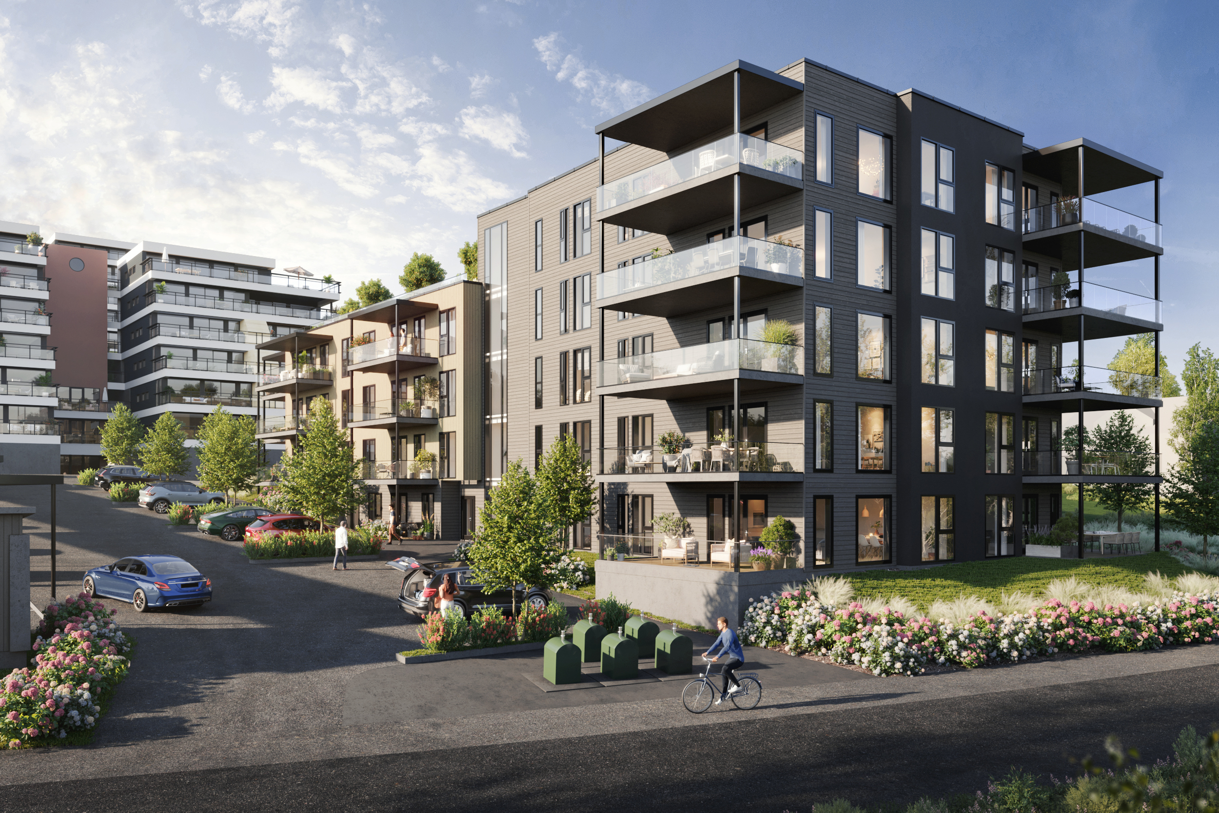 en kunstners gjengivelse av en bygård.