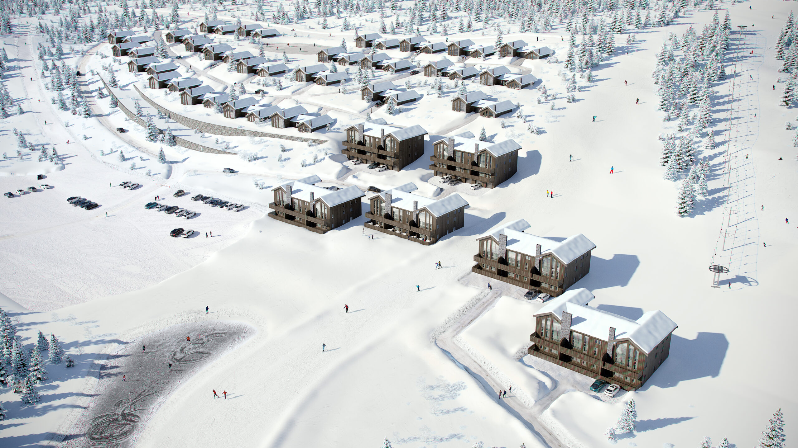 en luftfoto av et skianlegg i snøen.