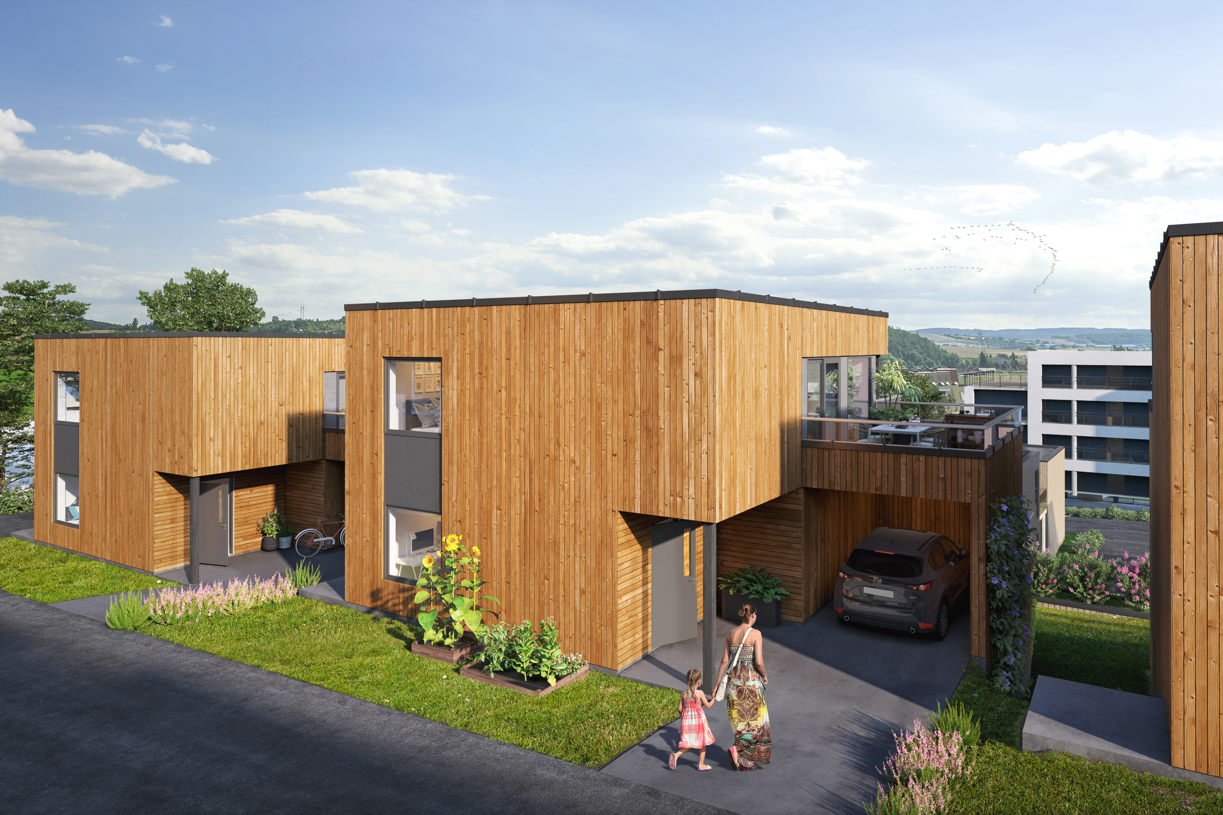 en gjengivelse av et moderne hus med en bil parkert foran.