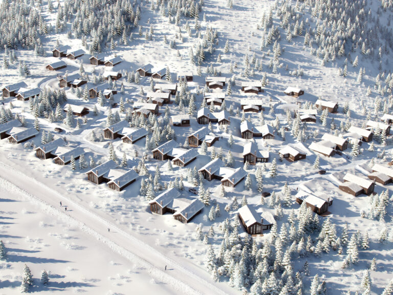 et luftfoto av en snødekket landsby.
