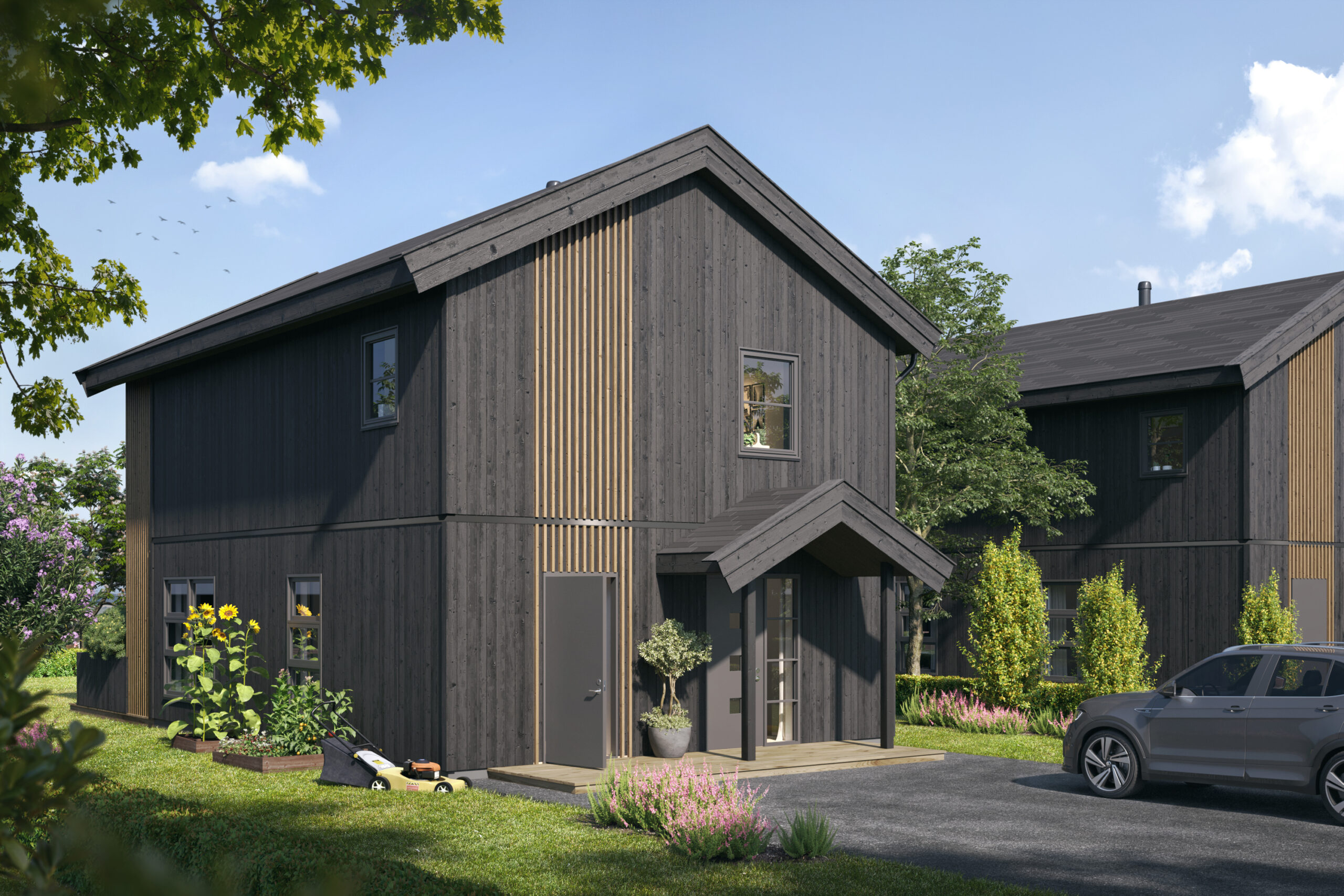en gjengivelse av et hus med en bil parkert foran.