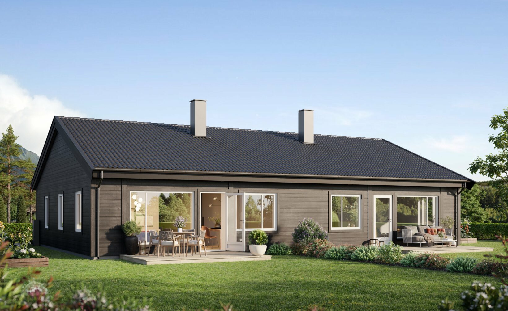 en gjengivelse av et hus med svart tak.