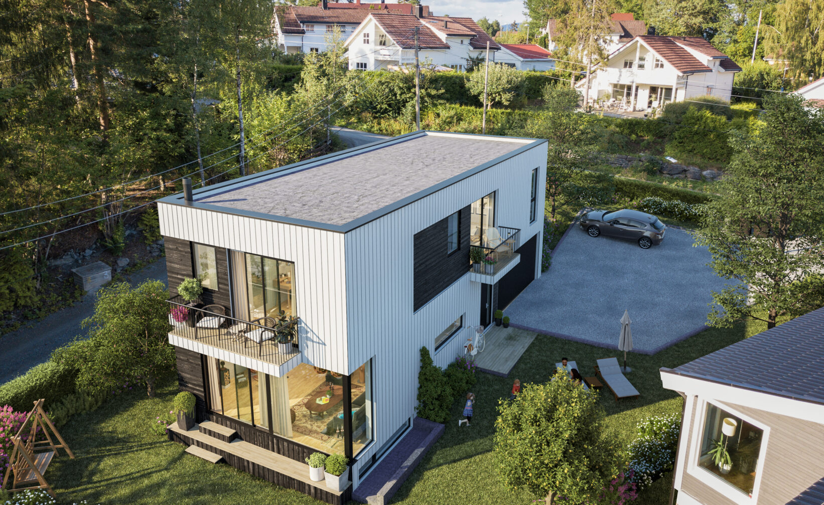 en luftfoto av et moderne hus i sverige.