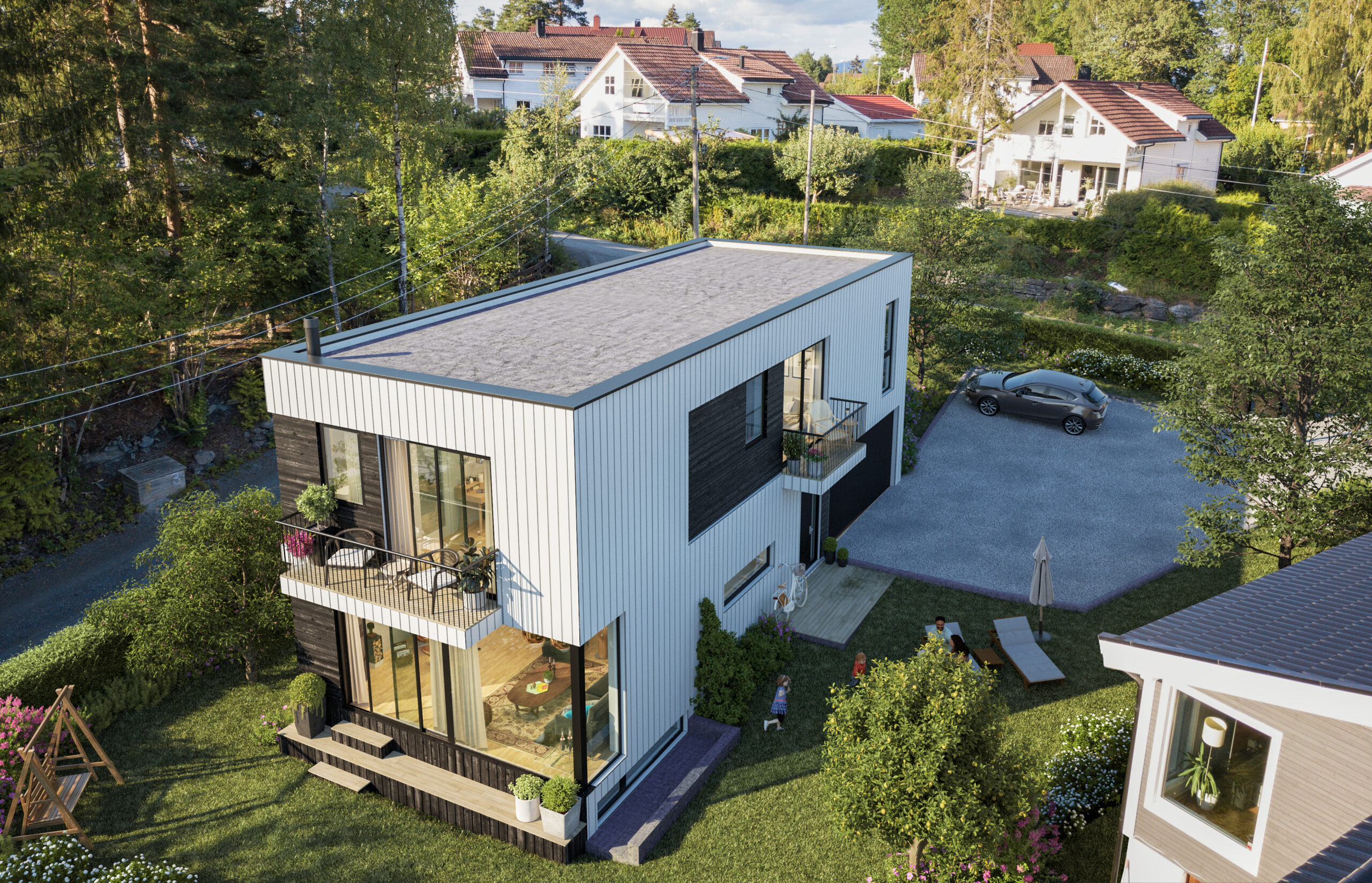 en luftfoto av et moderne hus i sverige.