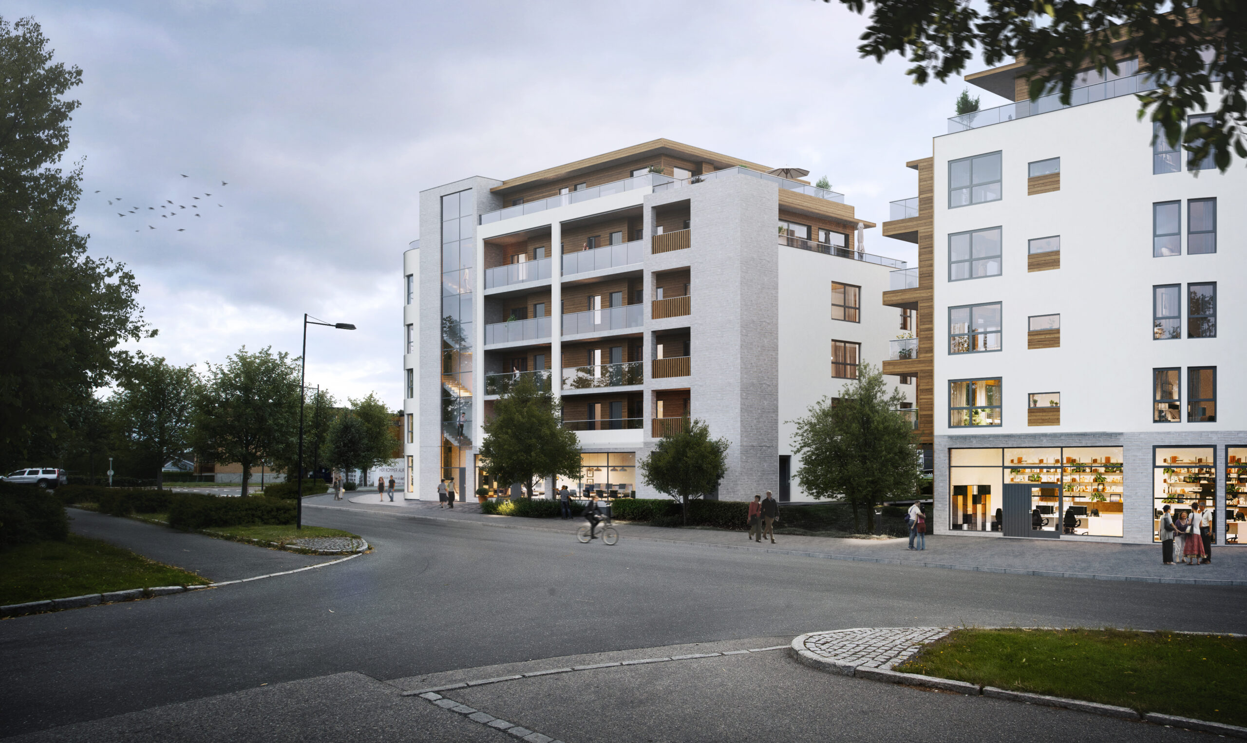 en kunstners gjengivelse av en bygård.