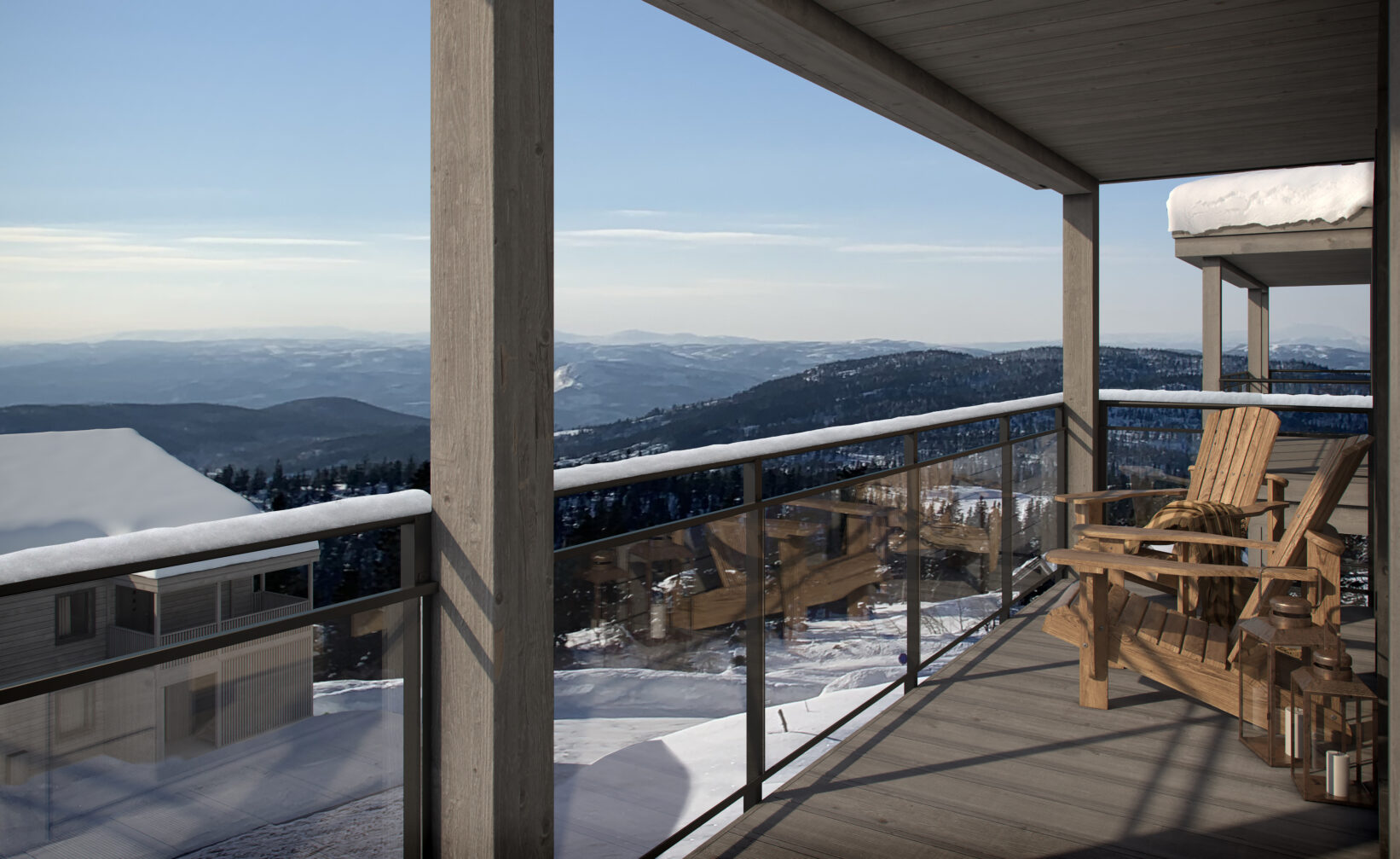 en balkong med utsikt over et snødekket fjell.