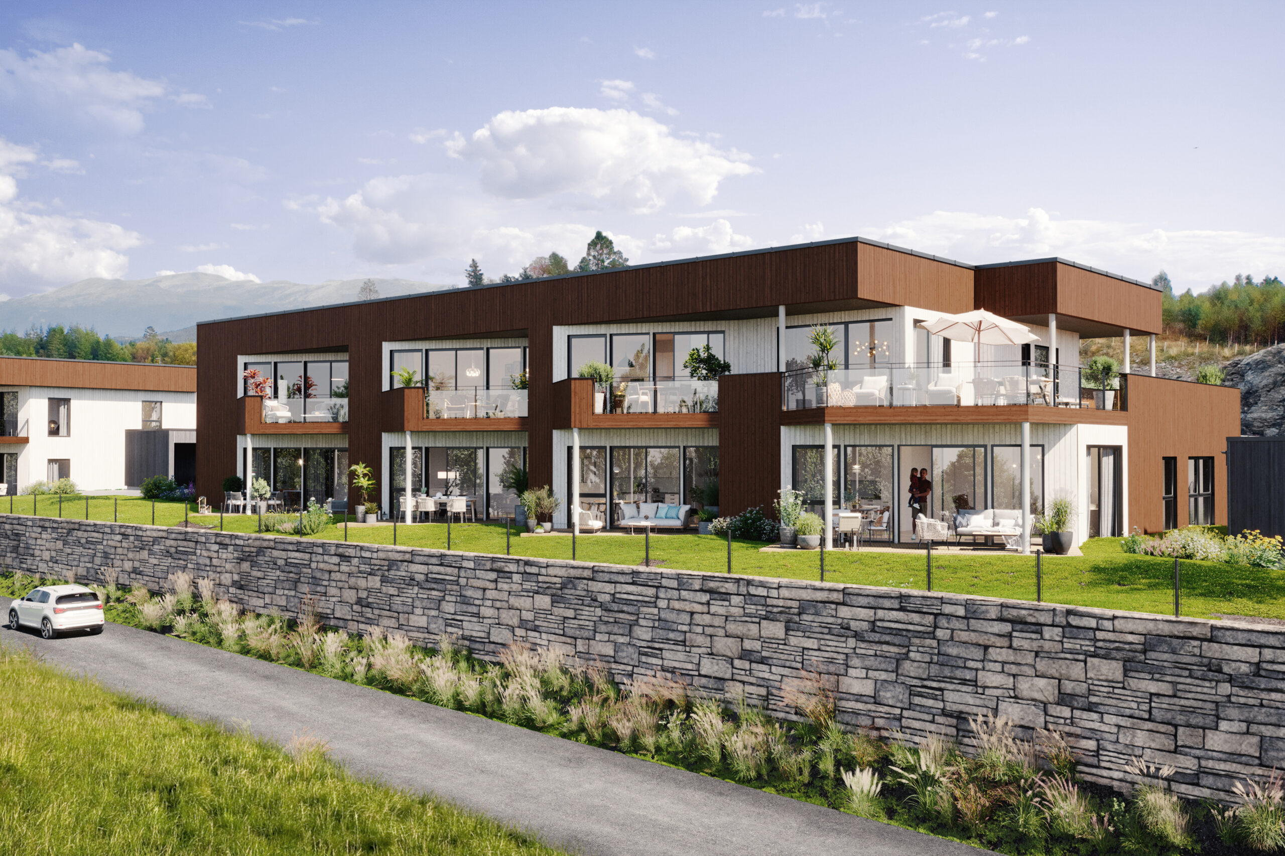 en kunstners gjengivelse av et hus i en åsside.