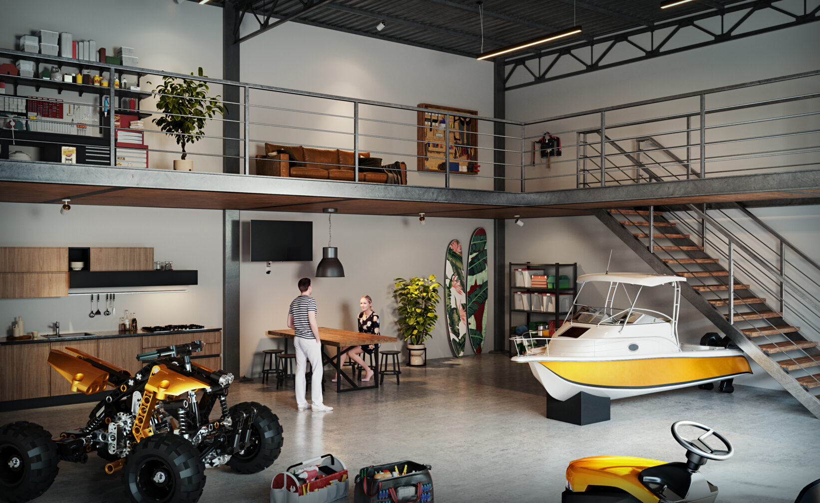 en mann i en garasje med en motorsykkel og en båt.