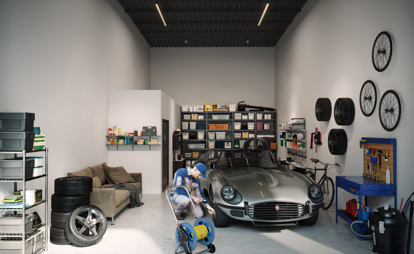 et bilde av en garasje med en bil i.