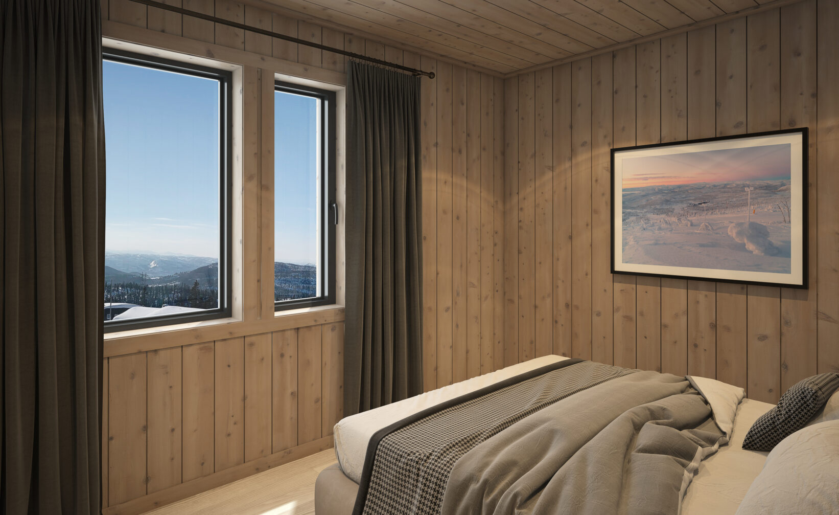 et soverom med trepanel og utsikt over fjellene.