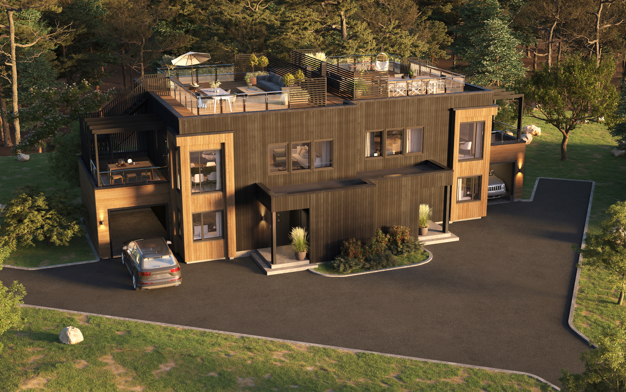 en 3d-gjengivelse av et moderne hus i skogen.
