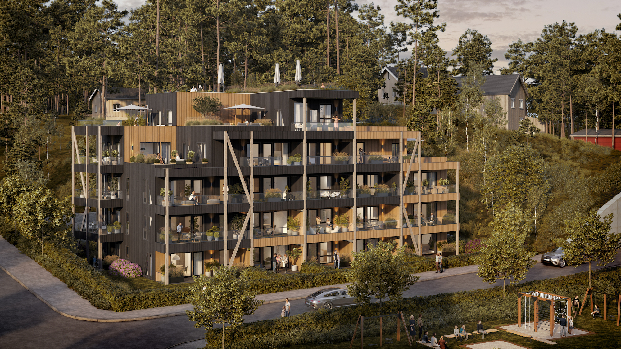 en gjengivelse av en bygård i skogen.