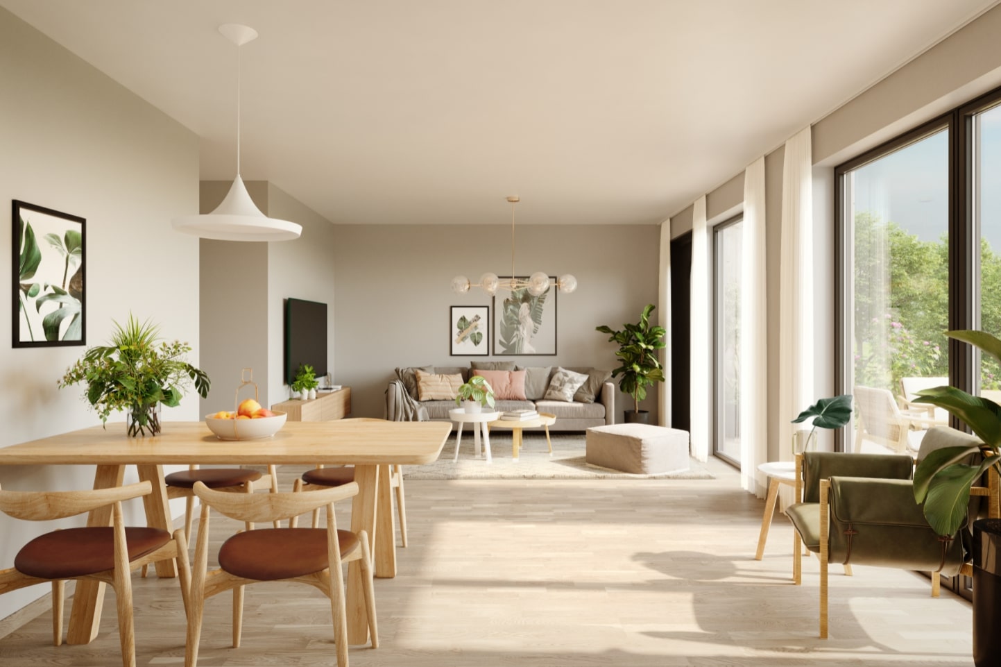 3D-gjengivelse av en stue og spisestue i en moderne leilighet.