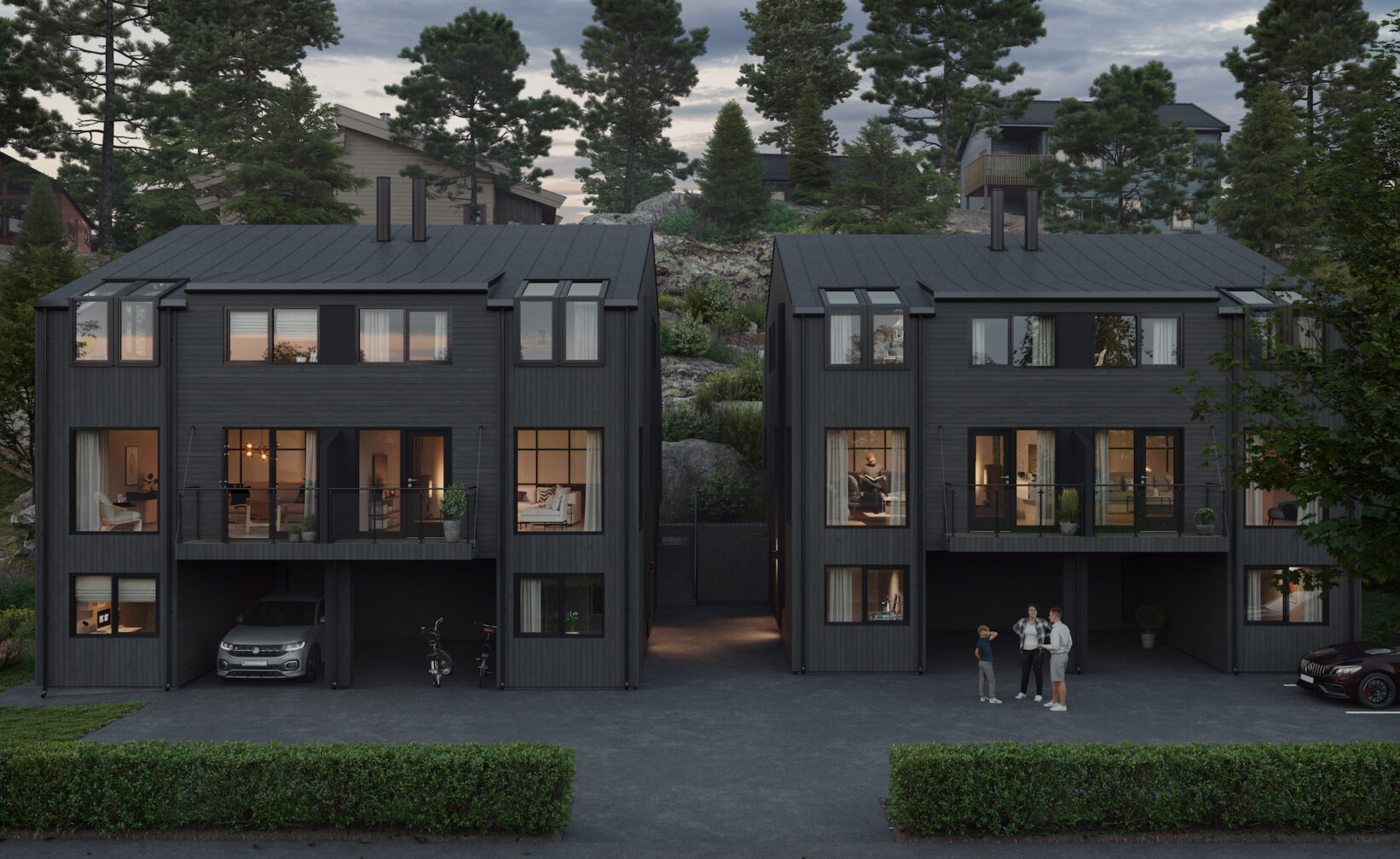 en 3d-gjengivelse av et svart hus med en bil parkert foran.