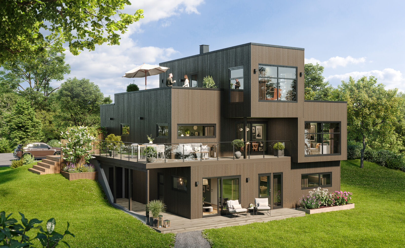 et moderne hus på en grønn plen.