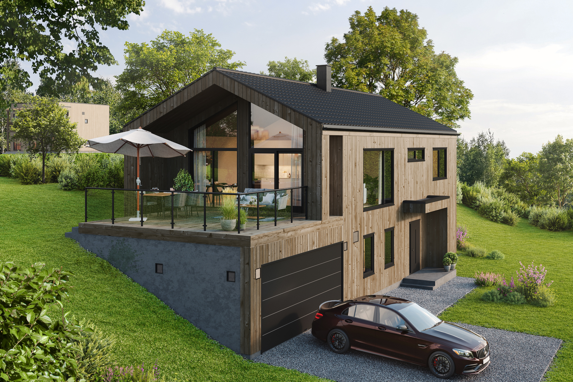 en 3d-gjengivelse av et moderne hus i en åsside.
