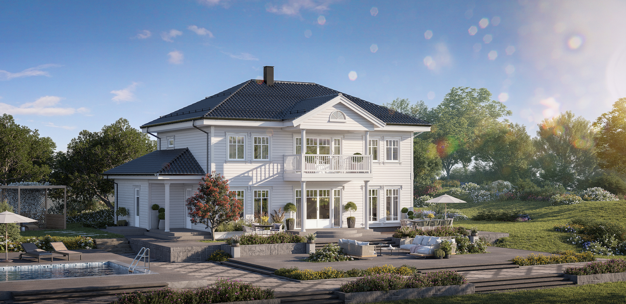 en 3d-gjengivelse av et hvitt hus med et basseng.
