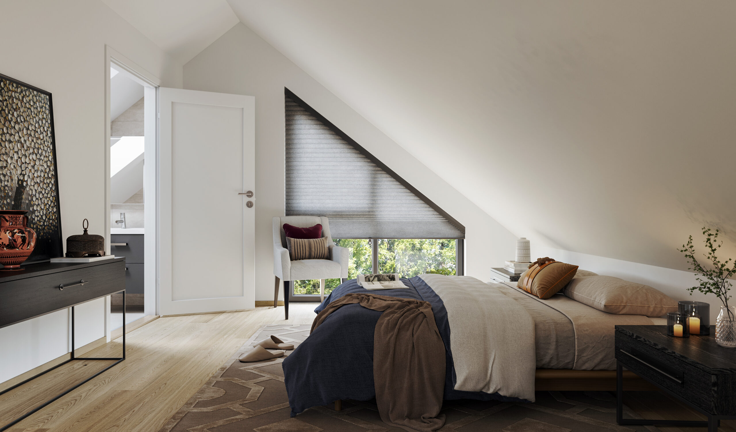 et soverom på et loft med en seng og en kommode.