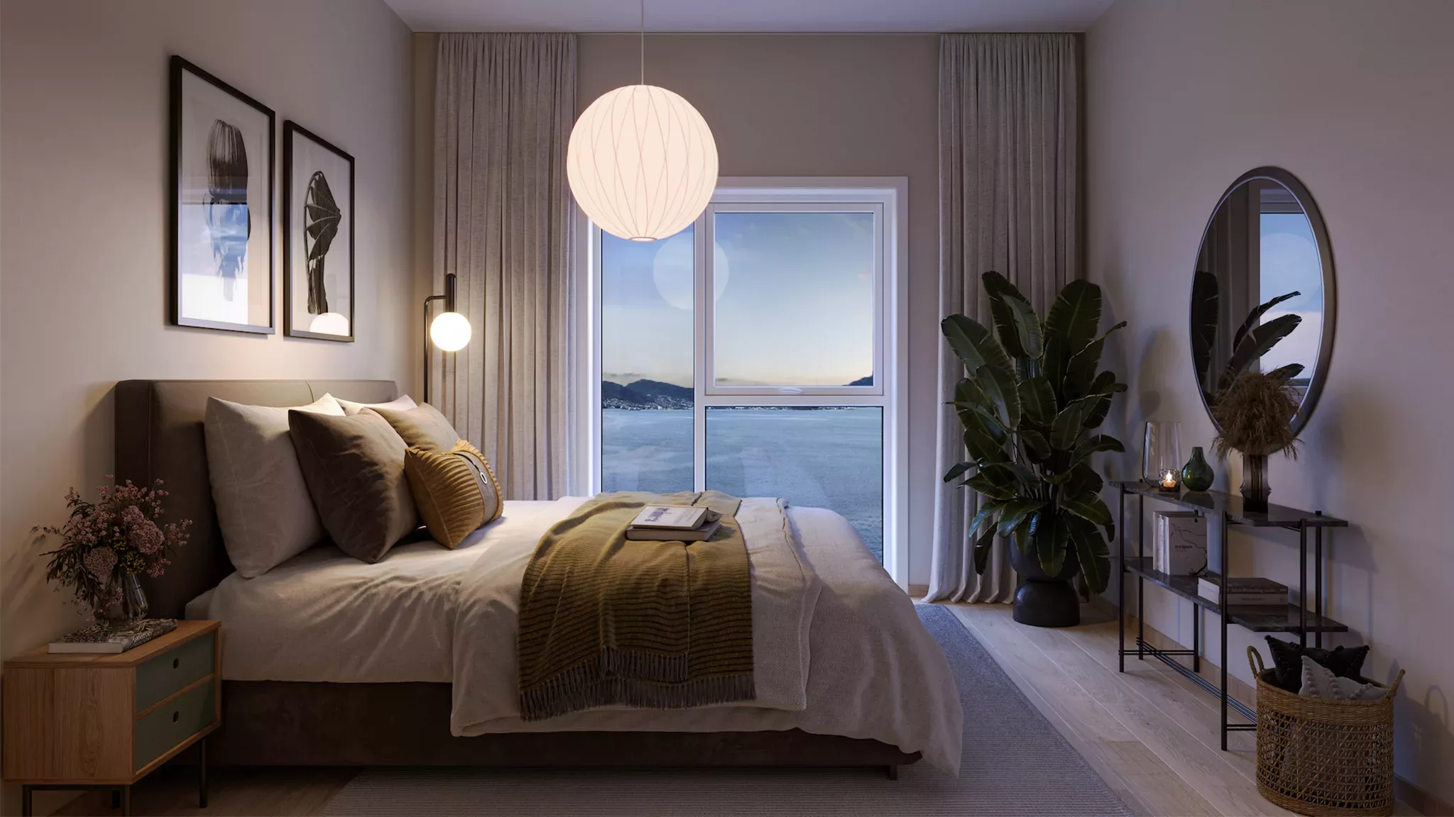 Et 3D-soverom med utsikt over havet.
