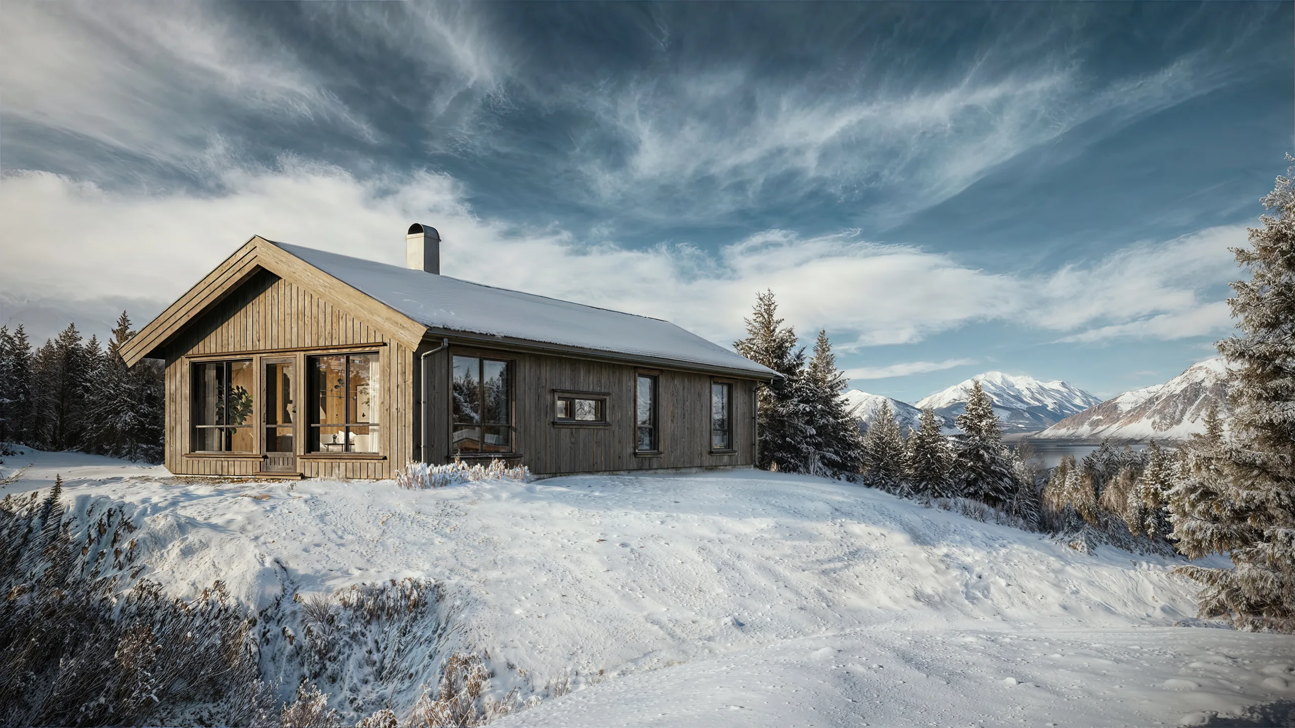 En trehytte står på en snødekt høyde omgitt av eviggrønne trær, med snødekte fjell i bakgrunnen under en delvis overskyet himmel.