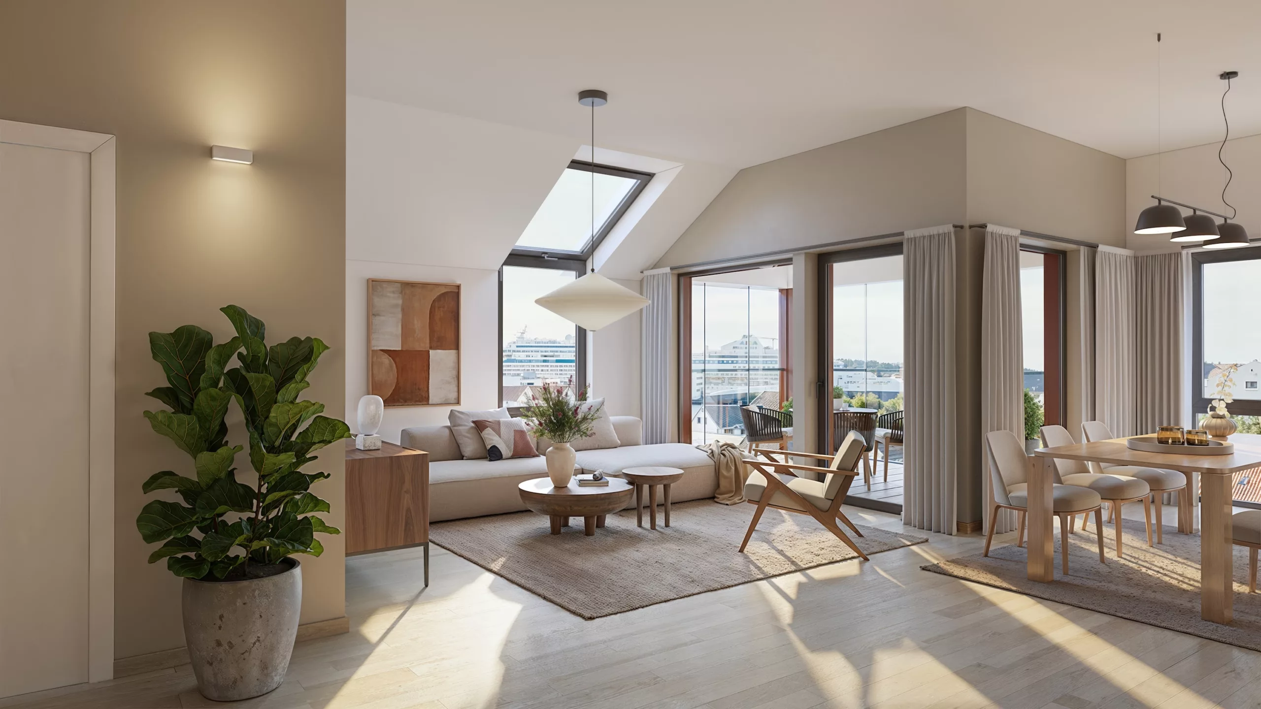 Moderne stue og spisestue med naturlig lys. Har planter, moderne møbler og kunstverk. Store vinduer og dører åpner ut til en balkong med utsikt over cruiseskip og vann.