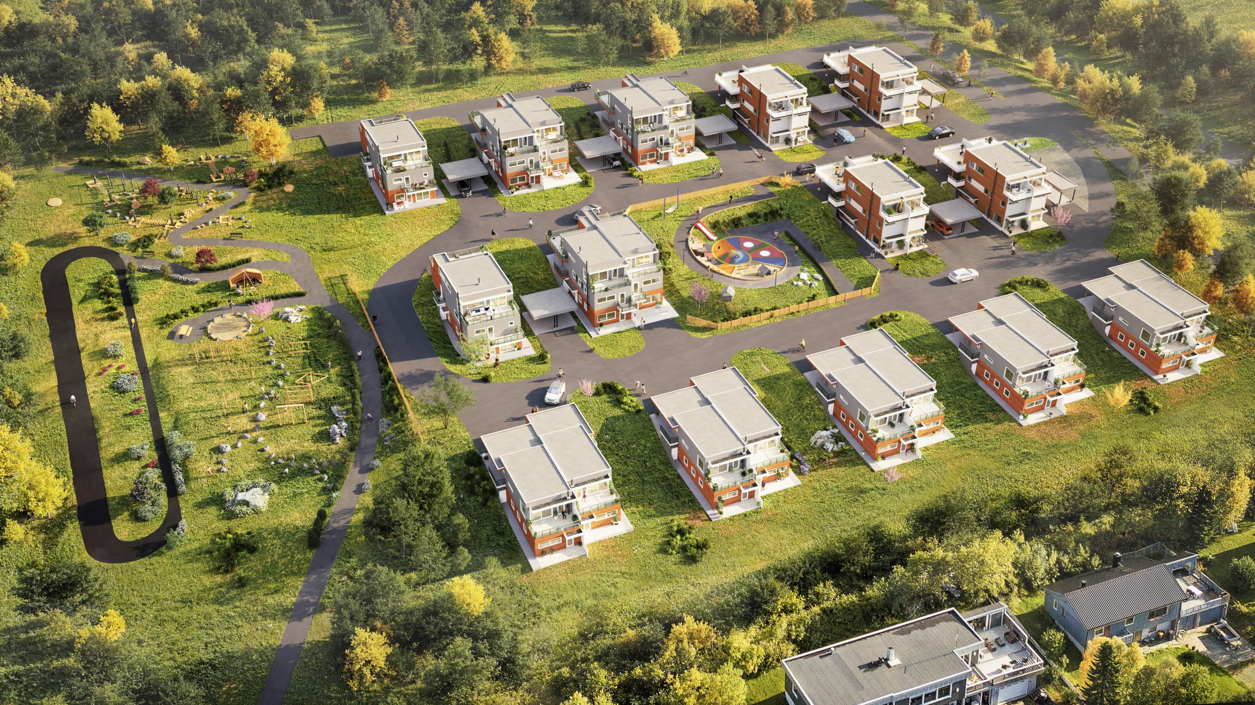 Flyfoto av et boligområde med rekker av moderne boligblokker, en sentral lekeplass, omkringliggende grøntområder og gangstier.